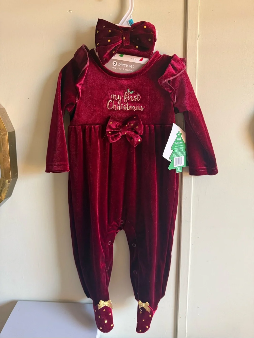 My First Christmas Velvet One-Piece with Headband - Burgundy